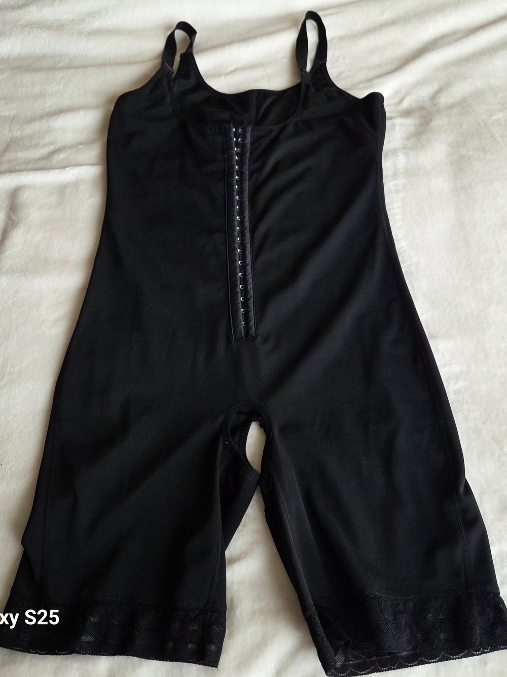 Black Compression Jumpsuit Bodyshort with Front Hook Closure.Open Crotch